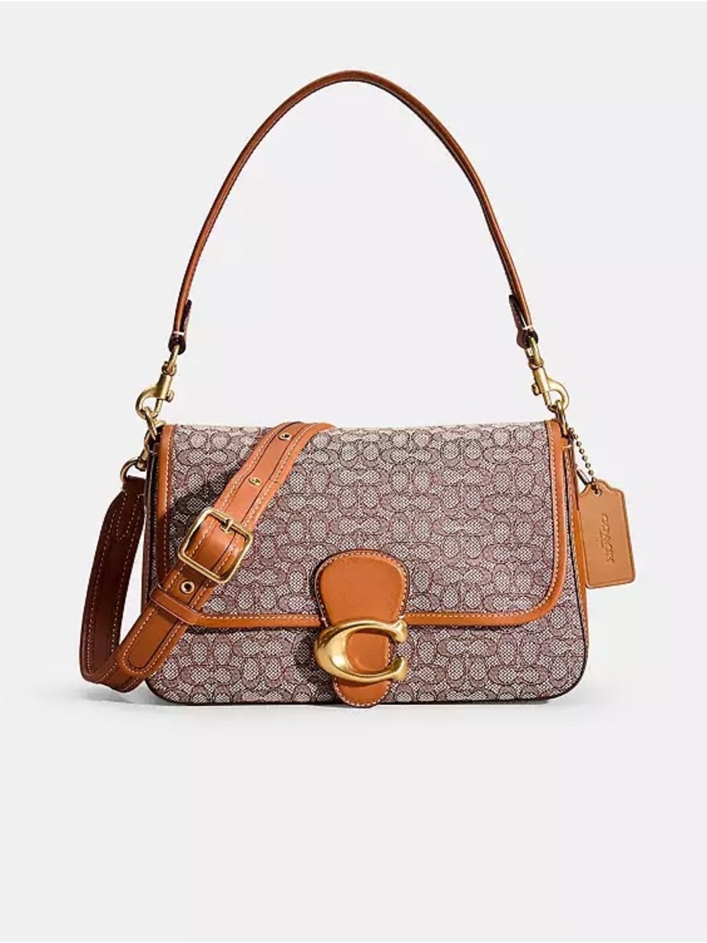 Coach Brown Signature Jacquard Shoulder Bag with Tan Leather Trim